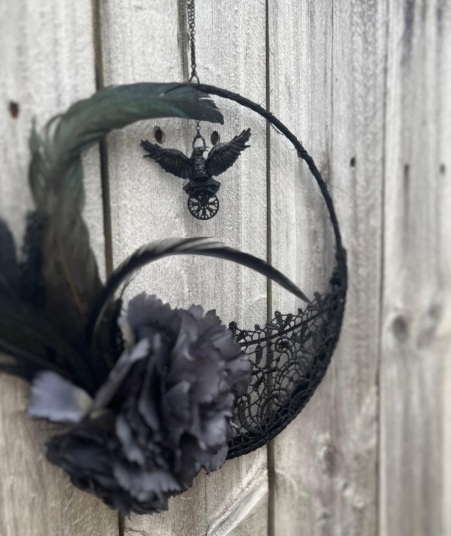 Black Crow - Flowers and Lace - Hanging Wreath