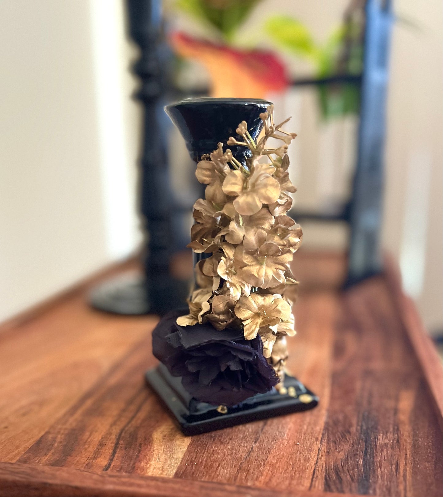 Candle Holder - Black with Skull and Florals (recycled)
