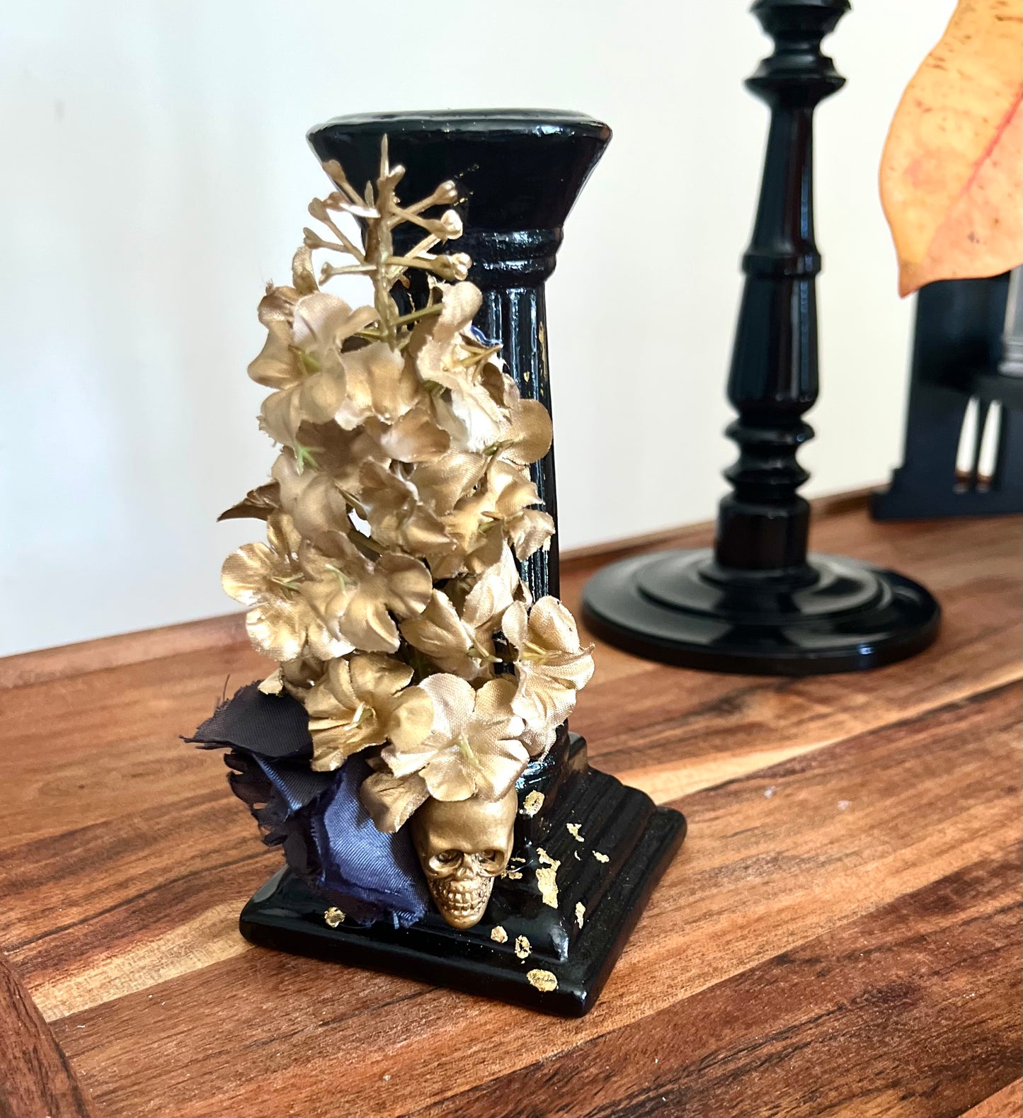 Candle Holder - Black with Skull and Florals (recycled)