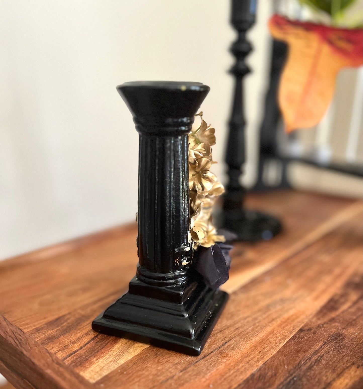 Candle Holder - Black with Skull and Florals (recycled)