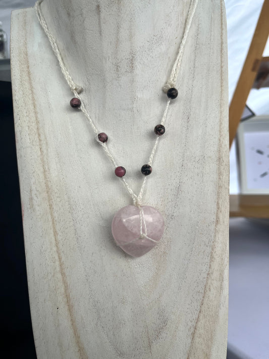 Rose Quartz Heart Mini Macrame Necklace
