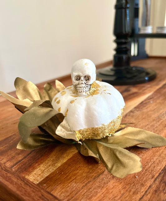 P7- Halloween Pumpkin Decoration - White with Skull and Gold Detail