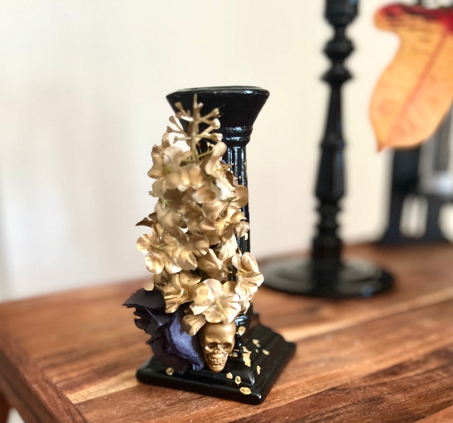 Candle Holder - Black with Skull and Florals (recycled)