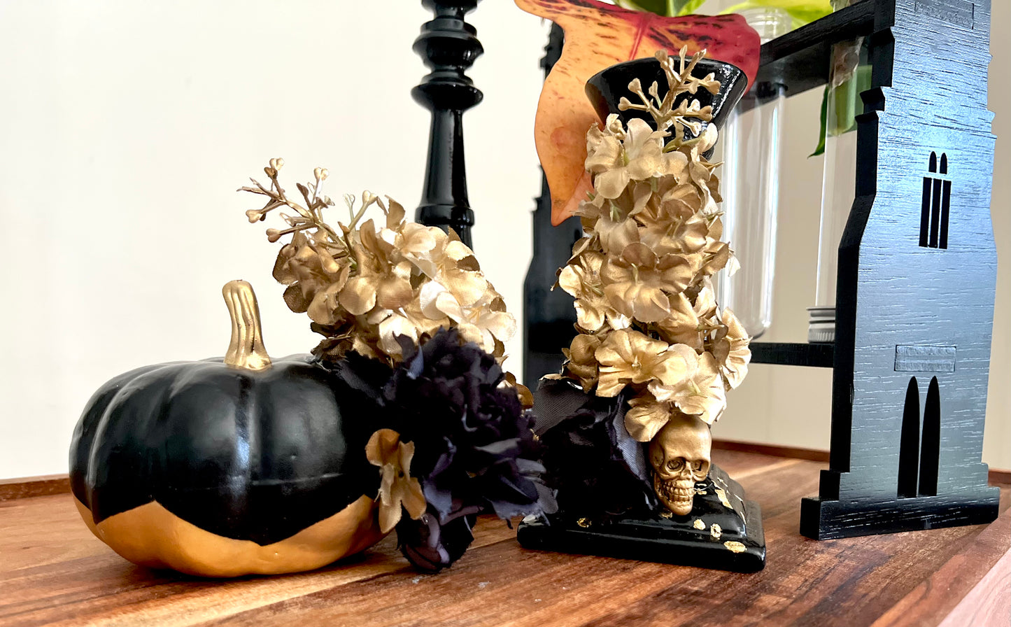 Candle Holder - Black with Skull and Florals (recycled)