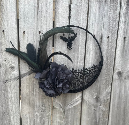 Black Crow - Flowers and Lace - Hanging Wreath