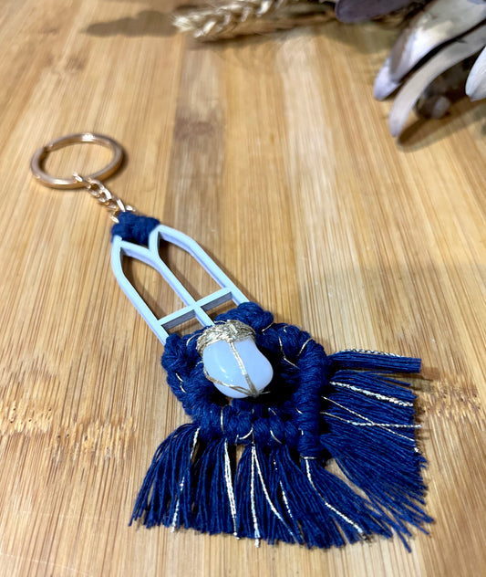 Macrame Key Ring - Navy and Gold with White Agate
